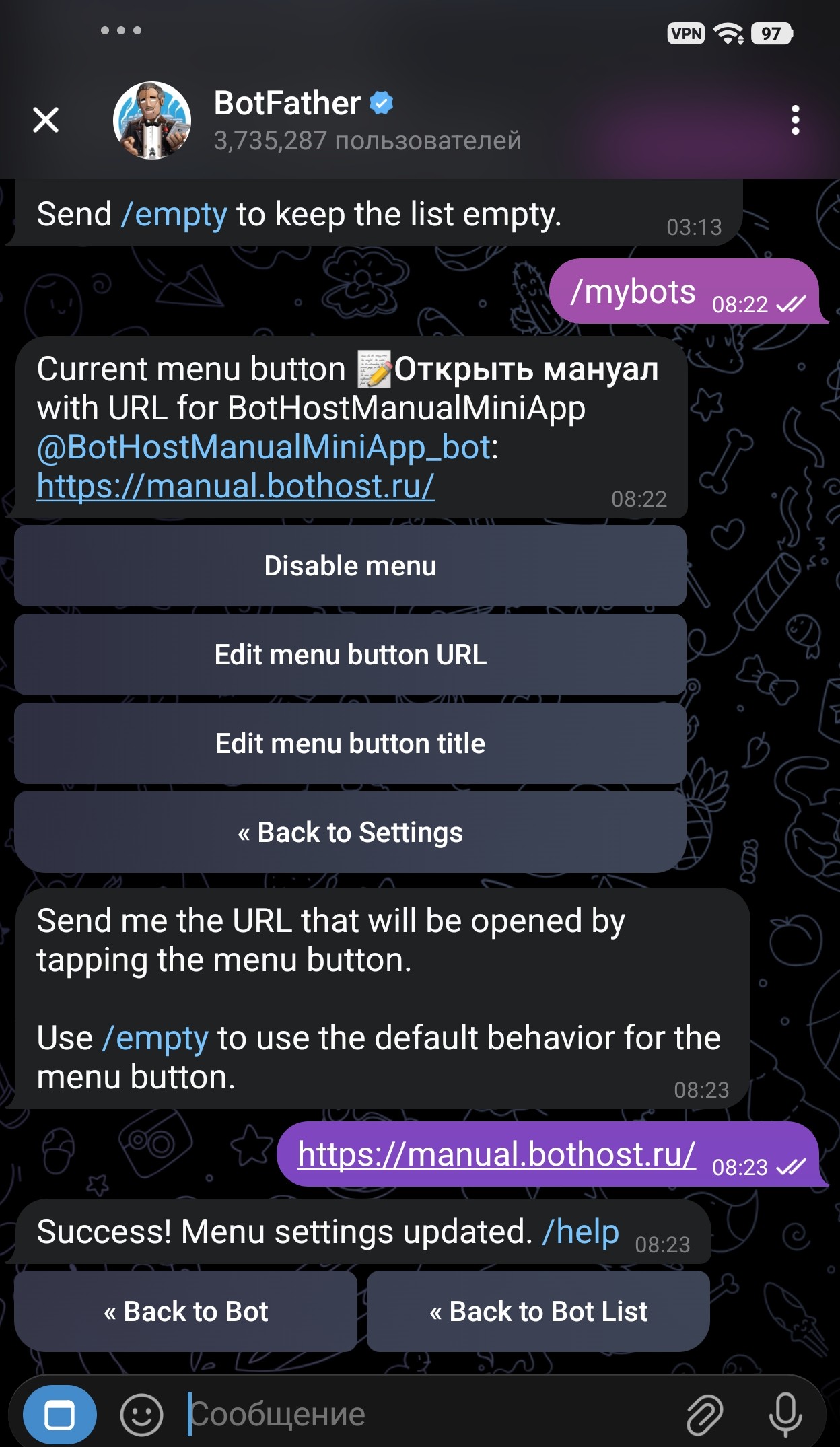 Рис. 7: Настройка кнопки меню Mini App в BotFather