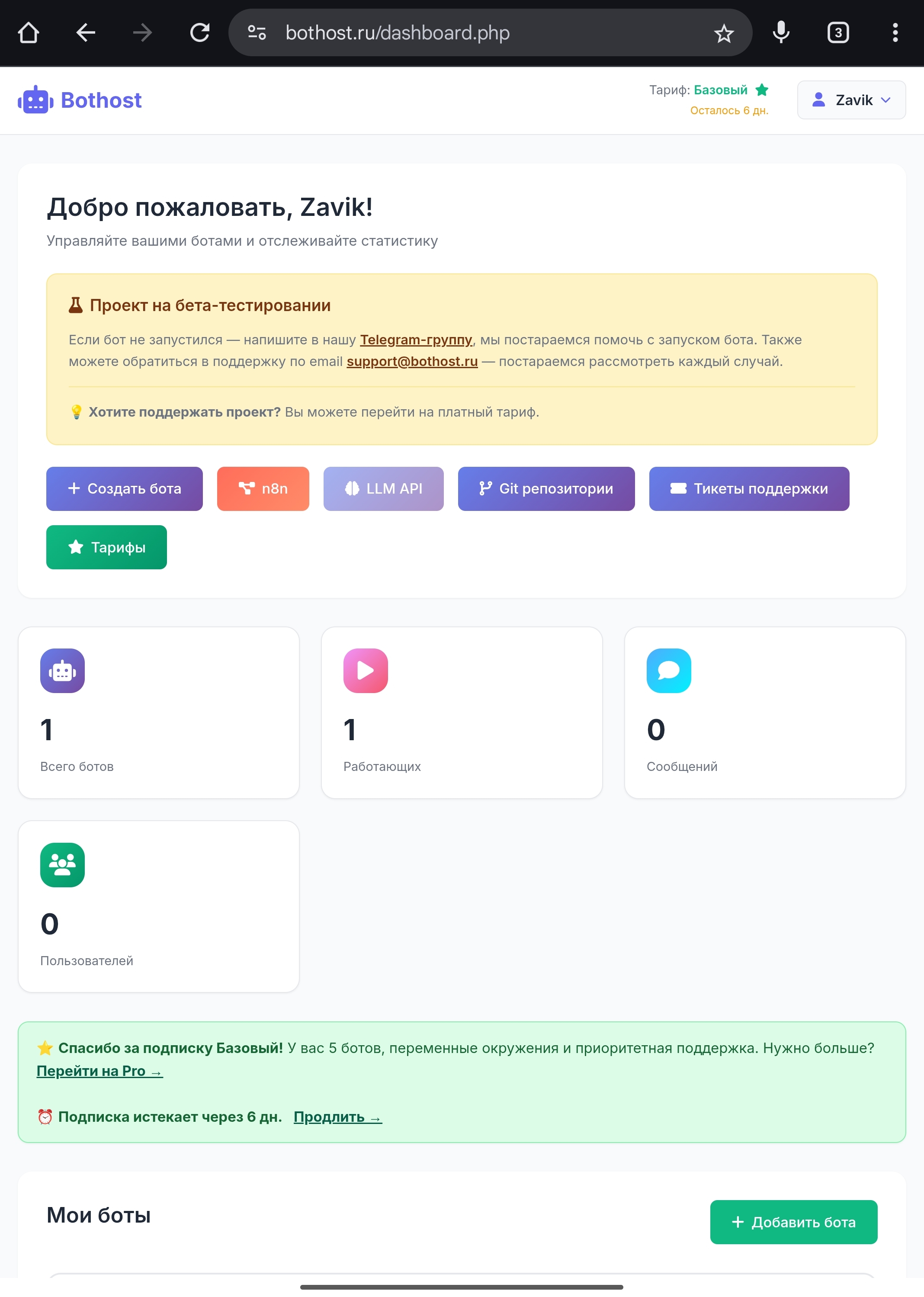 Рис. 2: Интерфейс панели управления BotHost